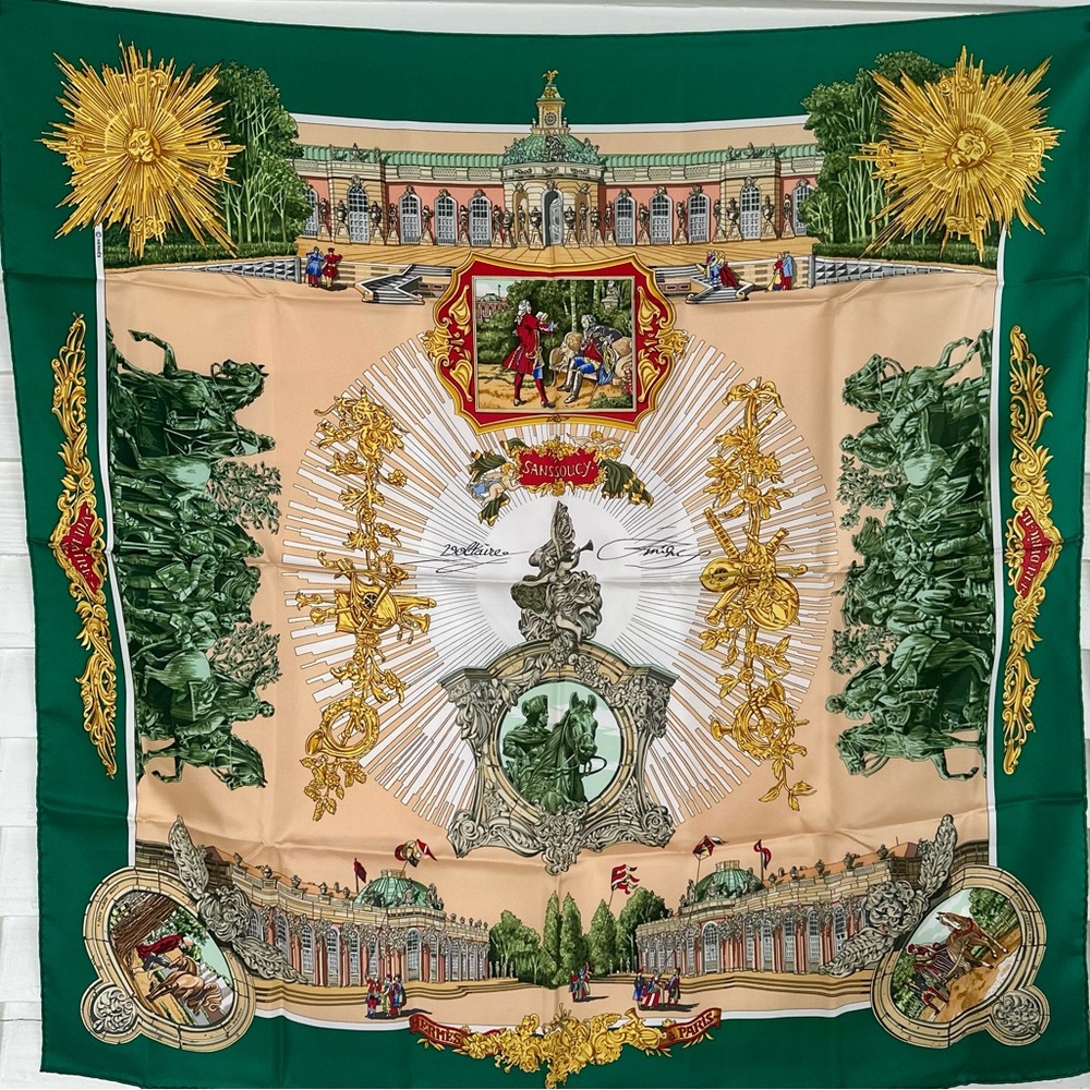 Authentic Hermes Silk scarf Voltaire Sanssoucy 90 cm colors green beige peach